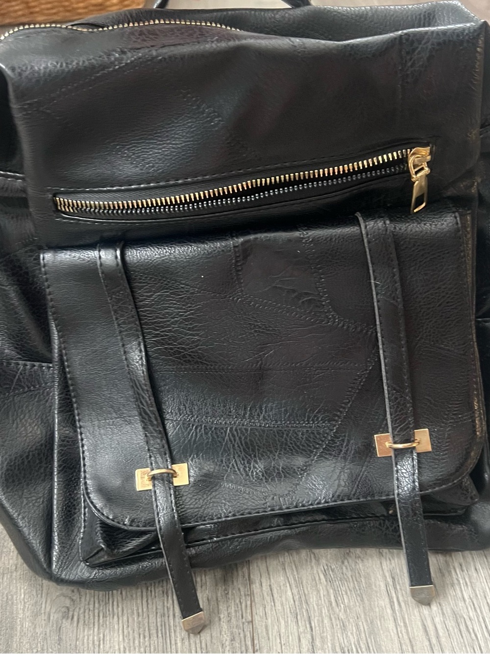 Black Faux Leather women's or Men's Backpack with Gold Hardware